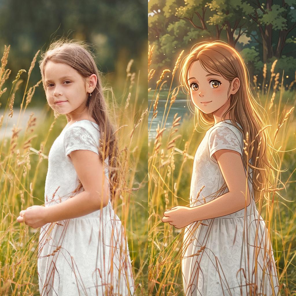 Before and after: a photograph of a girl in a field on the left, restyled into anime illustration on the right