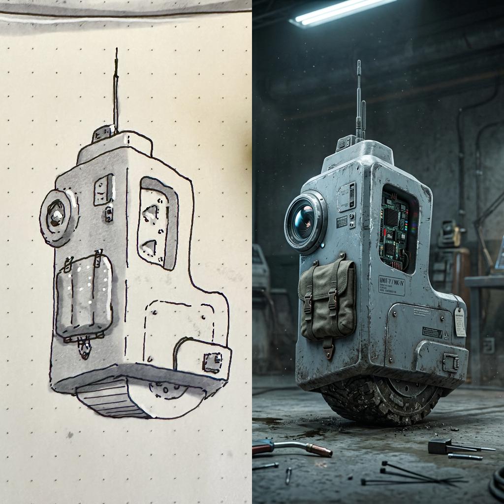 Before and after: a pencil sketch of a wheeled robot on the left, transformed into a realistic 3D-rendered robot on the right