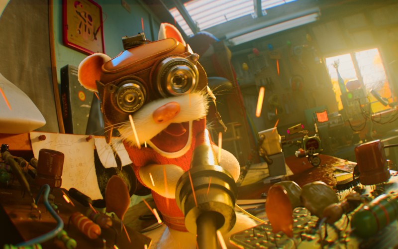 A rendered CG ferret character with goggles soldering at a warmly lit workshop bench