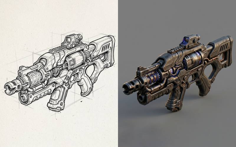 Pencil sketch of a sci-fi weapon on the left, transformed into a detailed 3D render with metallic materials and blue accents on the right