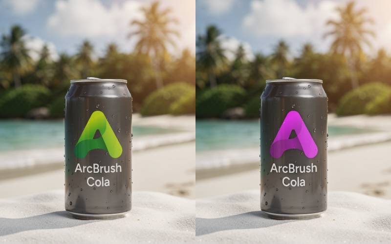 Two soda can mockups on a beach: one with a green ArcBrush logo, the other with a pink variant, showing brand color exploration on product packaging