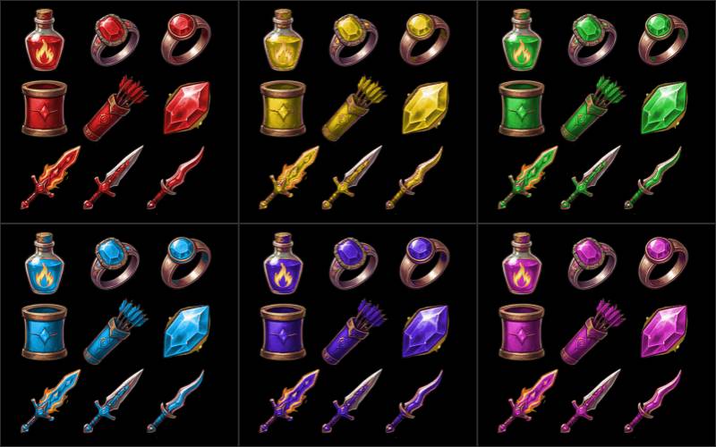 Six sets of fantasy game items (potions, rings, gems, arrows, swords, daggers) in red, yellow, green, blue, purple, and pink color variants