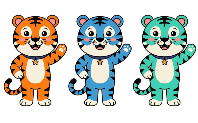 Cartoon tiger mascot in three color variants: orange, blue, and mint green, each waving