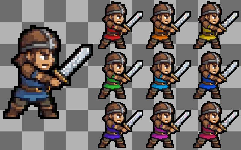 Pixel art warrior character in 9 color variants on a transparent checkerboard background, each with different tunic colors
