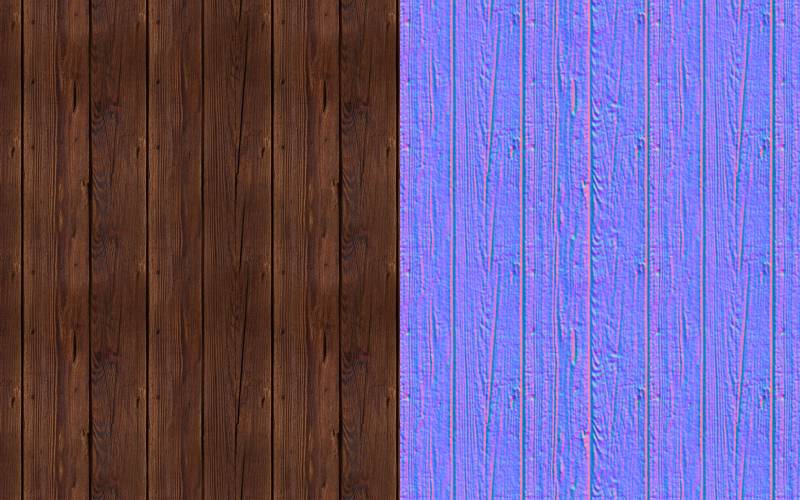 Seamless wood plank texture on the left with its corresponding normal map in blue and purple on the right