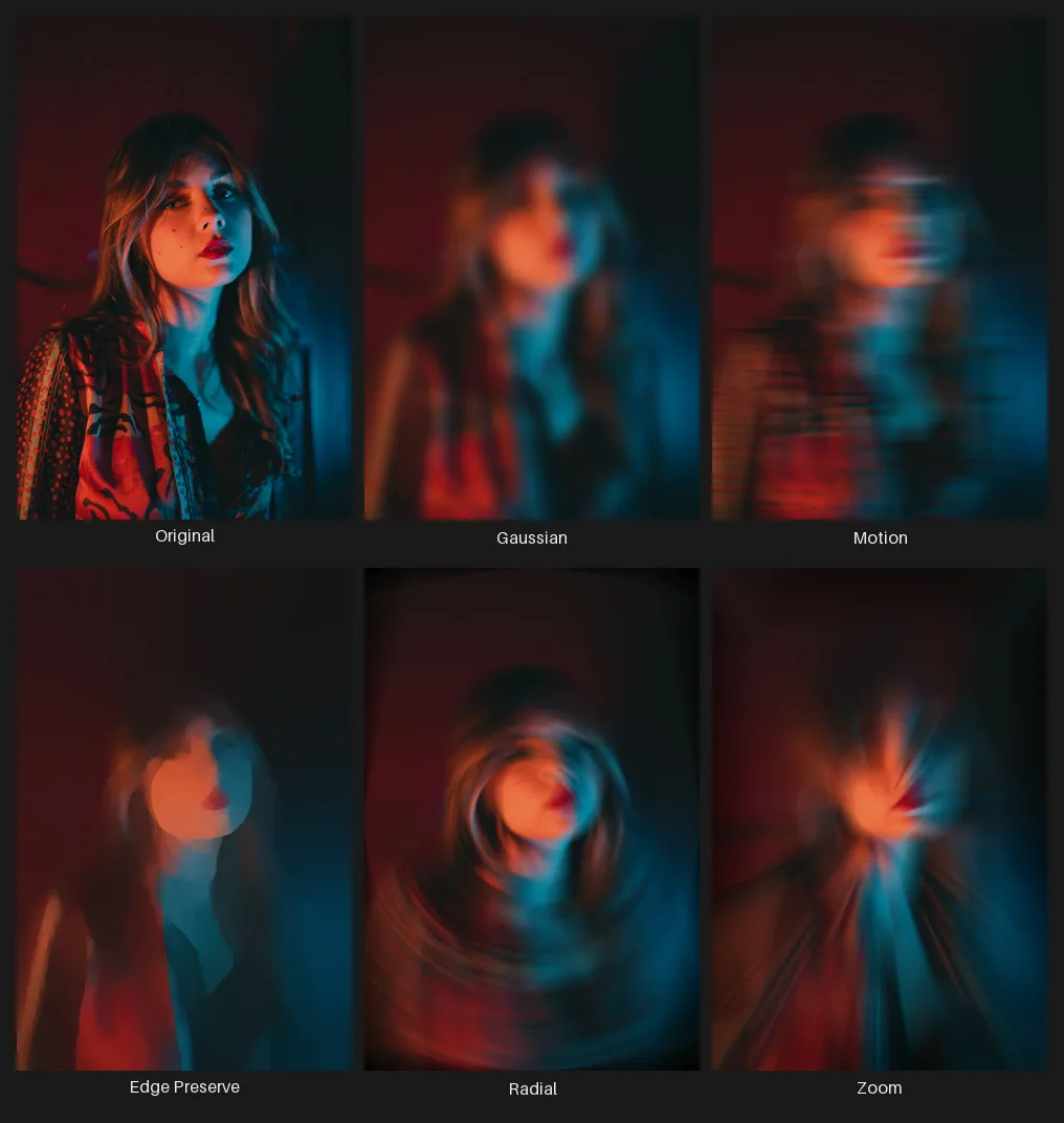 A 6-panel grid: the original dual-color-gel portrait, then the same photo with Gaussian, Motion, Edge Preserve, Radial, and Zoom blur applied at representative settings.