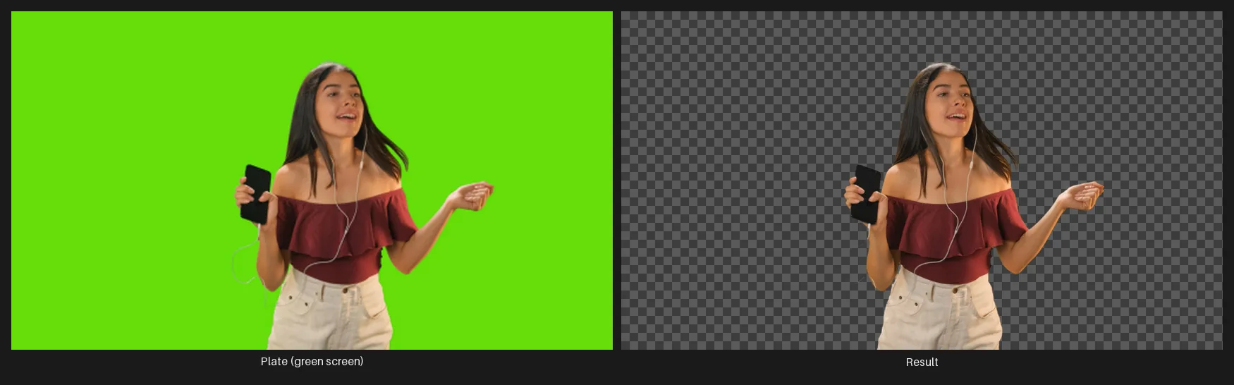 A before/after: a portrait shot against a green-screen backdrop, and the final image with the background keyed out and green spill fully suppressed, leaving clean hair edges on transparency.