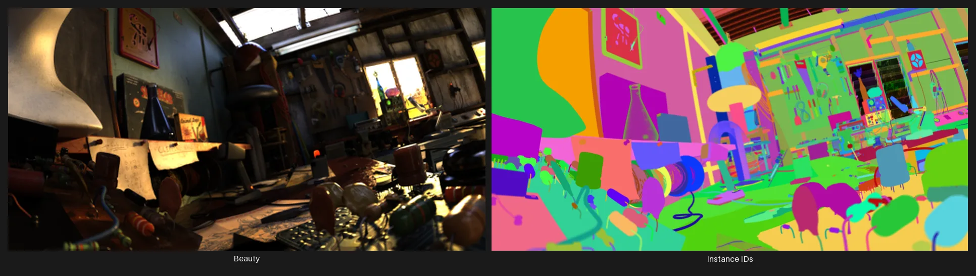 A two-panel before/after: the rendered beauty image, and a colorful pseudo-random-per-object ID mosaic decoded from the file's CryptoInstance Cryptomatte layer, where each object in the scene is a distinct flat color.
