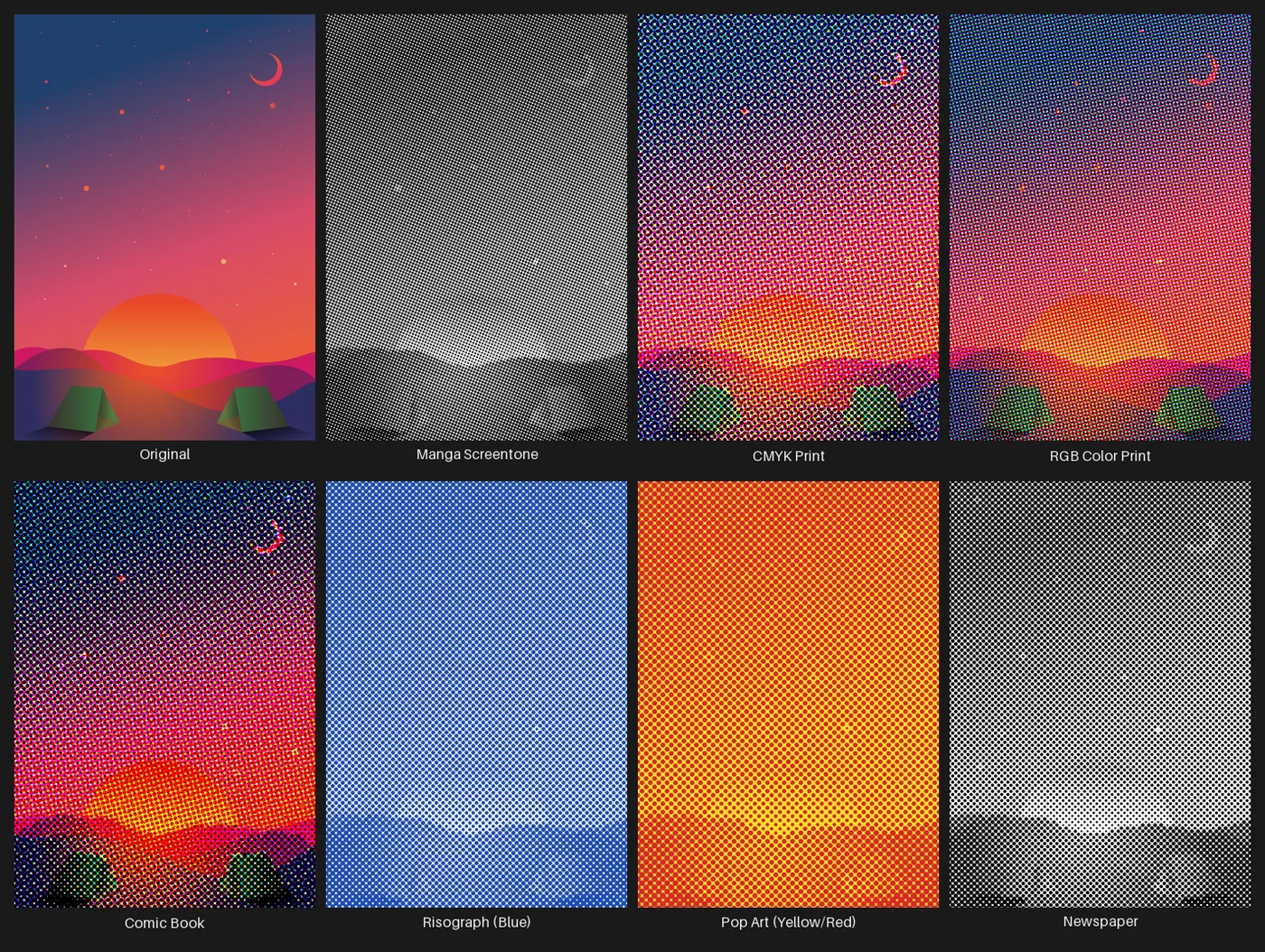 A grid comparing the Halftone node's named preset looks -- a grayscale manga screentone, a CMYK print simulation, an RGB print simulation, a comic-book press look, a blue-duotone Risograph look, a yellow/red pop-art look, and a coarse grayscale newspaper look -- all applied to the same bold flat-color poster graphic, shown beside the original.