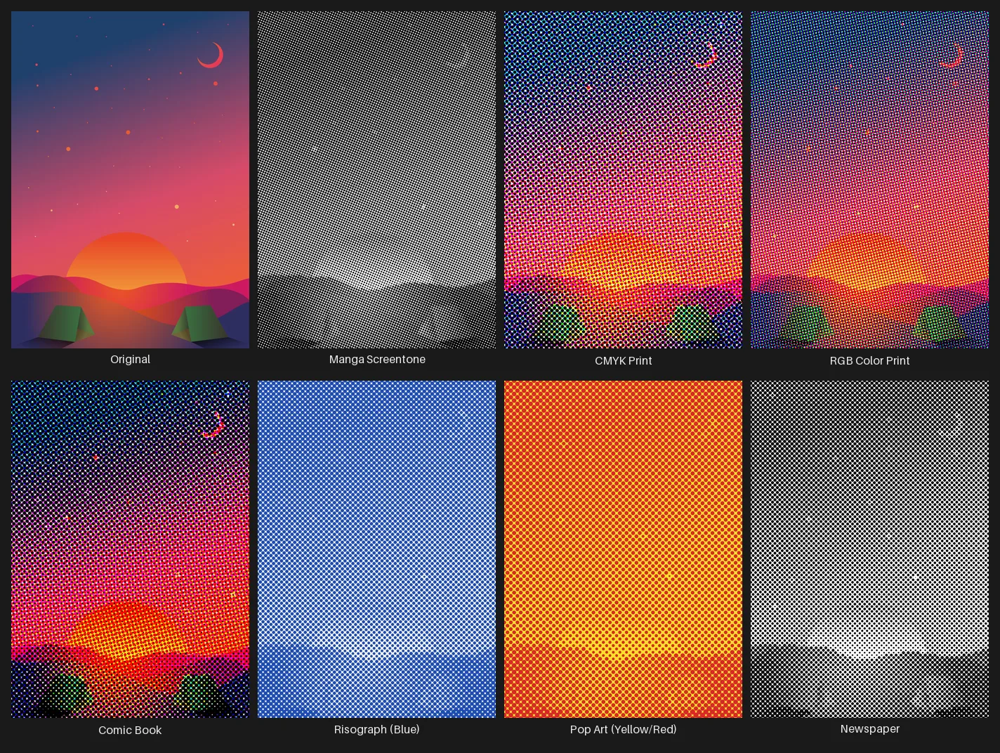 A grid comparing the Halftone node's named preset looks -- a grayscale manga screentone, a CMYK print simulation, an RGB print simulation, a comic-book press look, a blue-duotone Risograph look, a yellow/red pop-art look, and a coarse grayscale newspaper look -- all applied to the same bold flat-color poster graphic, shown beside the original.