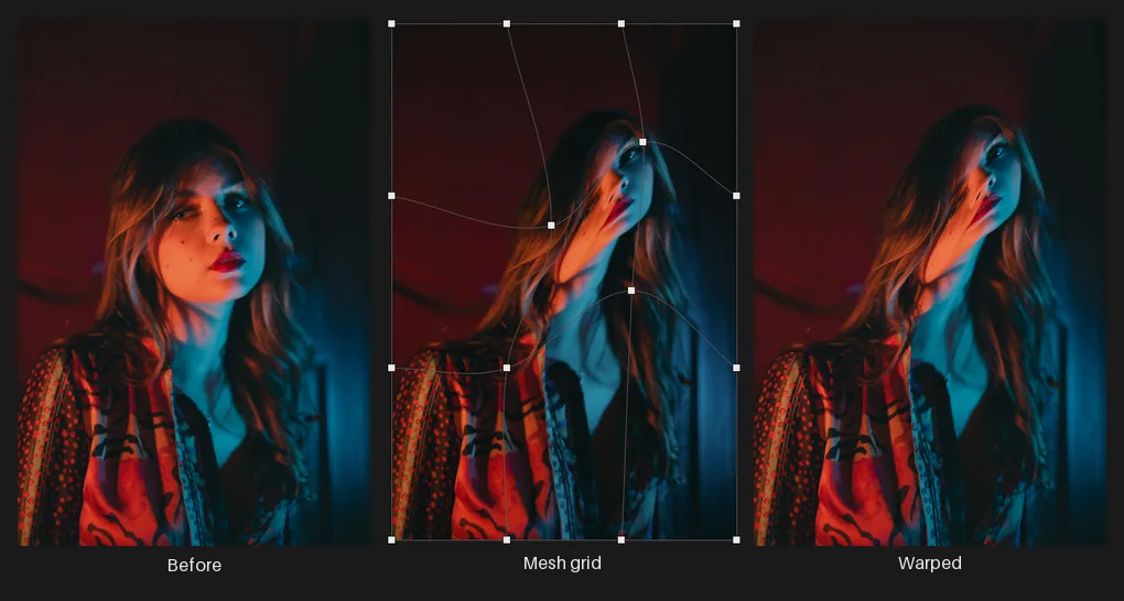 A three-panel strip: a moody red/teal-lit portrait; the same portrait with Mesh Warp's control-point grid overlaid, several handles dragged so the grid lines curve; and the final warped result following that grid.