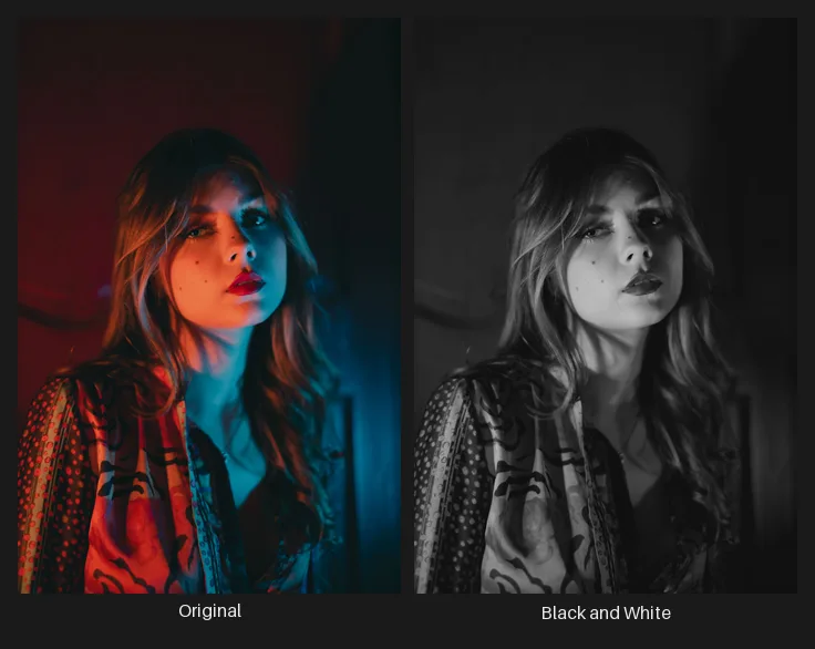 Side-by-side comparison: the original image on the left and the same image after the Black and White node on the right.