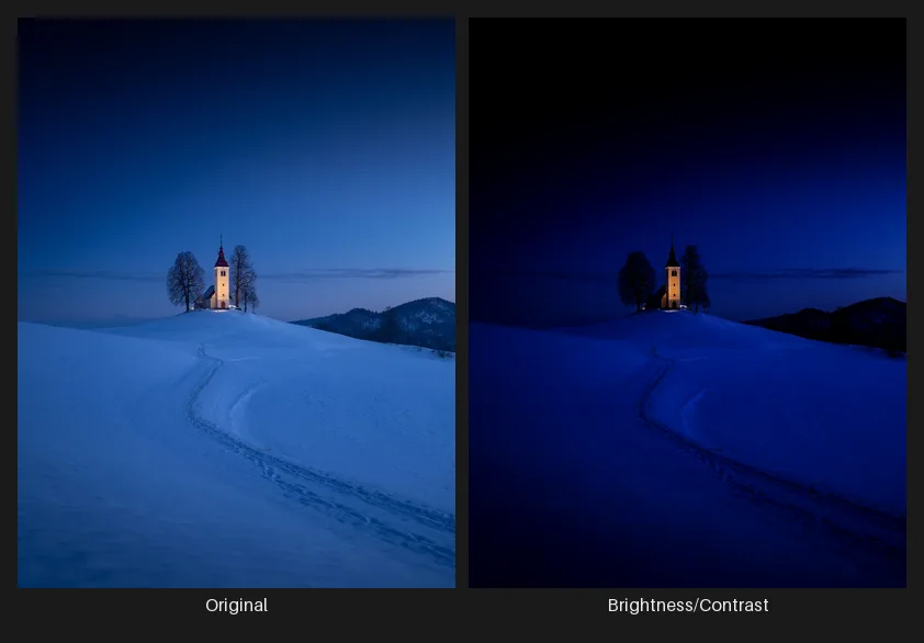 Side-by-side comparison: the original image on the left and the same image after the Brightness/Contrast node on the right.