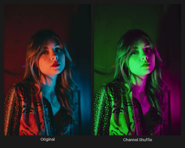 Side-by-side comparison: the original image on the left and the same image after the Channel Shuffle node on the right.