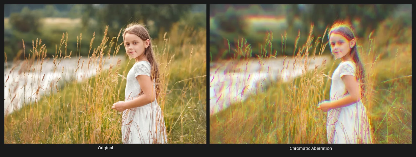 Side-by-side comparison: the original image on the left and the same image after the Chromatic Aberration node on the right.