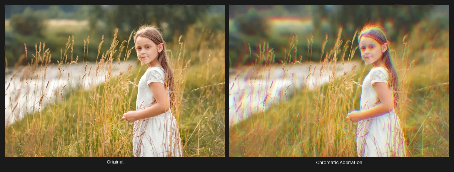 Side-by-side comparison: the original image on the left and the same image after the Chromatic Aberration node on the right.