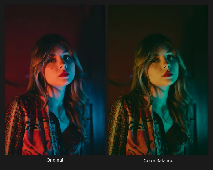 Side-by-side comparison: the original image on the left and the same image after the Color Balance node on the right.