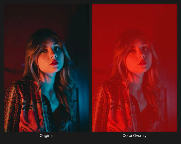 Side-by-side comparison: the original image on the left and the same image after the Color Overlay node on the right.