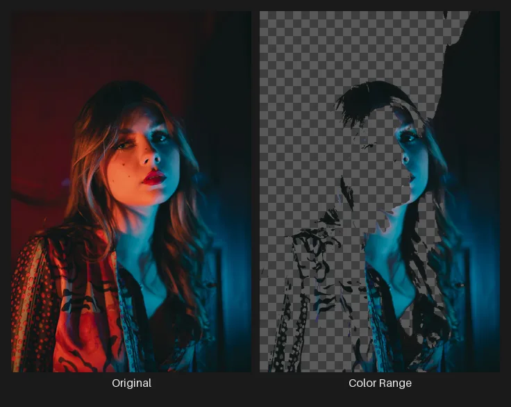 Side-by-side comparison: the original image on the left and the same image after the Color Range node on the right.