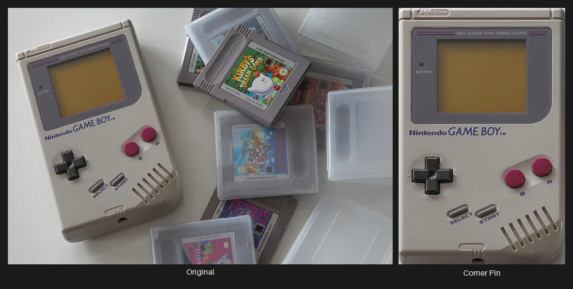 Side-by-side comparison: the original image on the left and the same image after the Corner Pin node on the right.