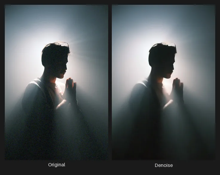 Side-by-side comparison: the original image on the left and the same image after the Denoise node on the right.