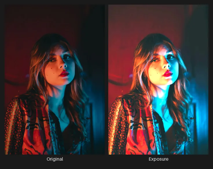 Side-by-side comparison: the original image on the left and the same image after the Exposure node on the right.