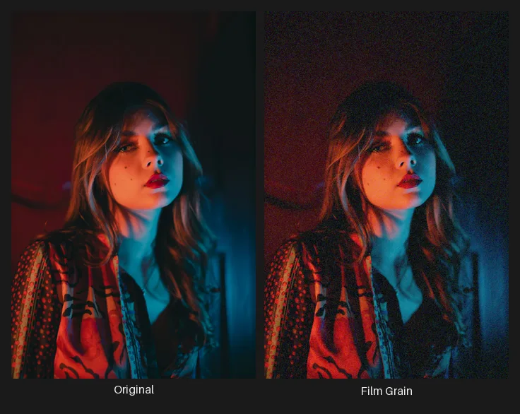 Side-by-side comparison: the original image on the left and the same image after the Film Grain node on the right.