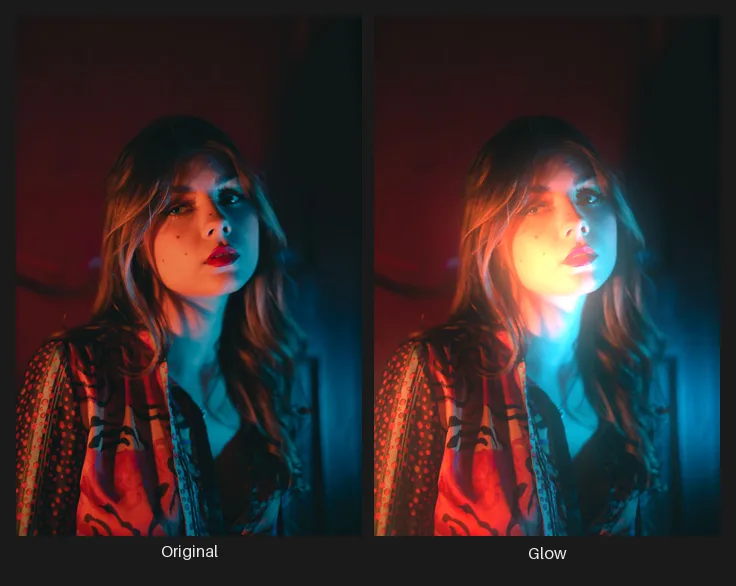 Side-by-side comparison: the original image on the left and the same image after the Glow node on the right.