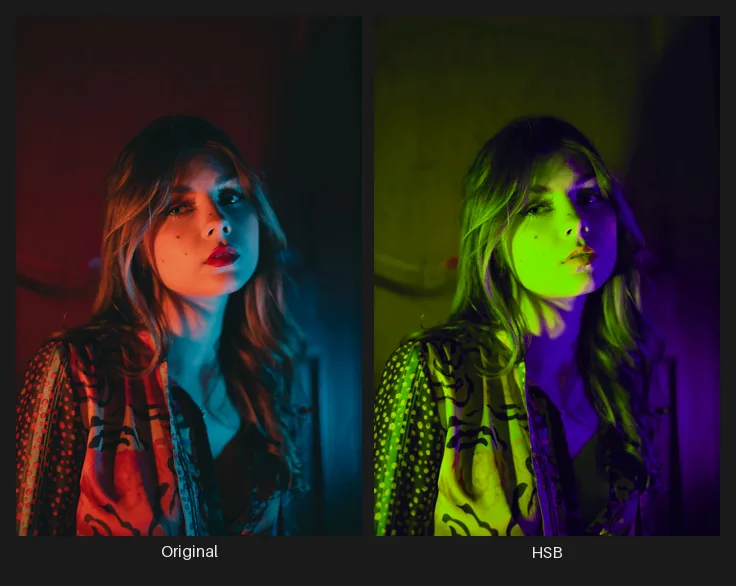 Side-by-side comparison: the original image on the left and the same image after the HSB node on the right.