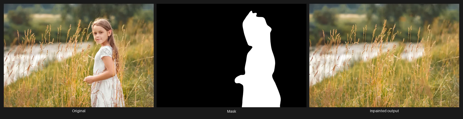 Three panels: the original photo, the mask marking the region to remove, and the photo with the masked region inpainted away.