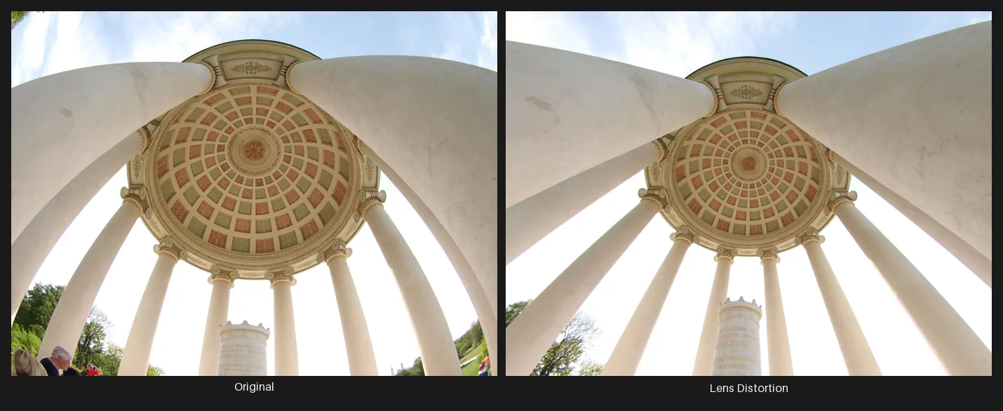 Side-by-side comparison: the original image on the left and the same image after the Lens Distortion node on the right.