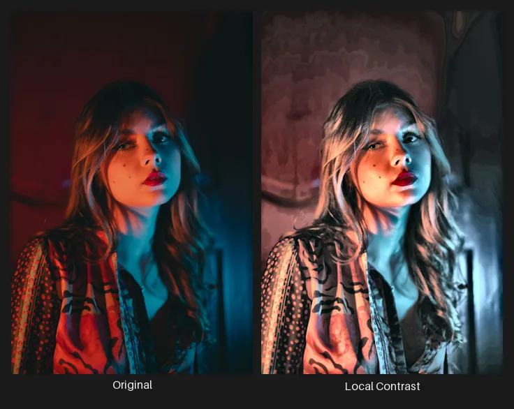 Side-by-side comparison: the original image on the left and the same image after the Local Contrast node on the right.