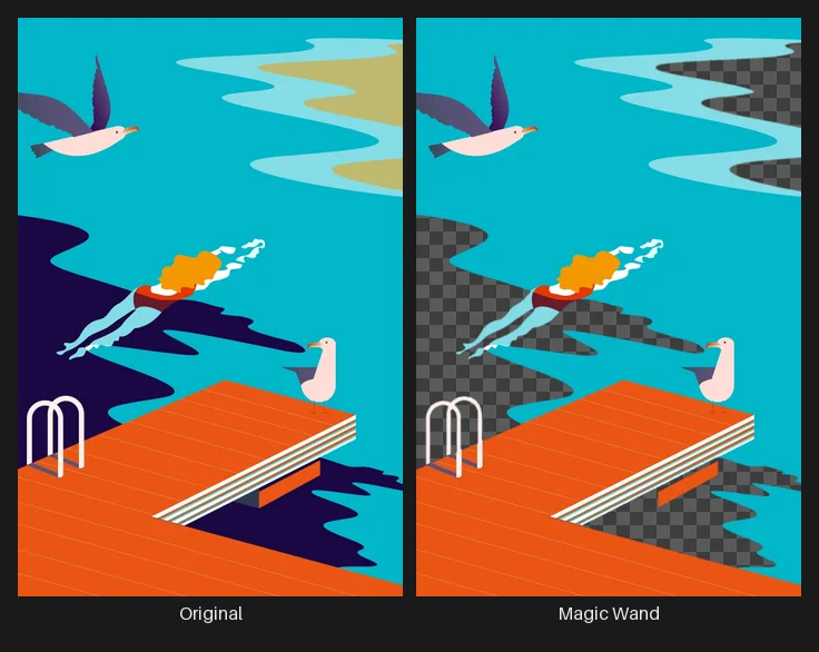 Side-by-side comparison: the original image on the left and the same image after the Magic Wand node on the right.