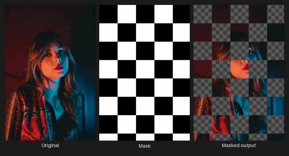 Three panels: the original image, the mask, and the image after the mask is applied.