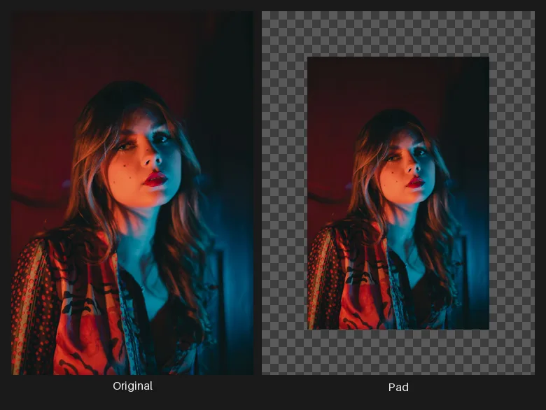 Side-by-side comparison: the original image on the left and the same image after the Pad node on the right.
