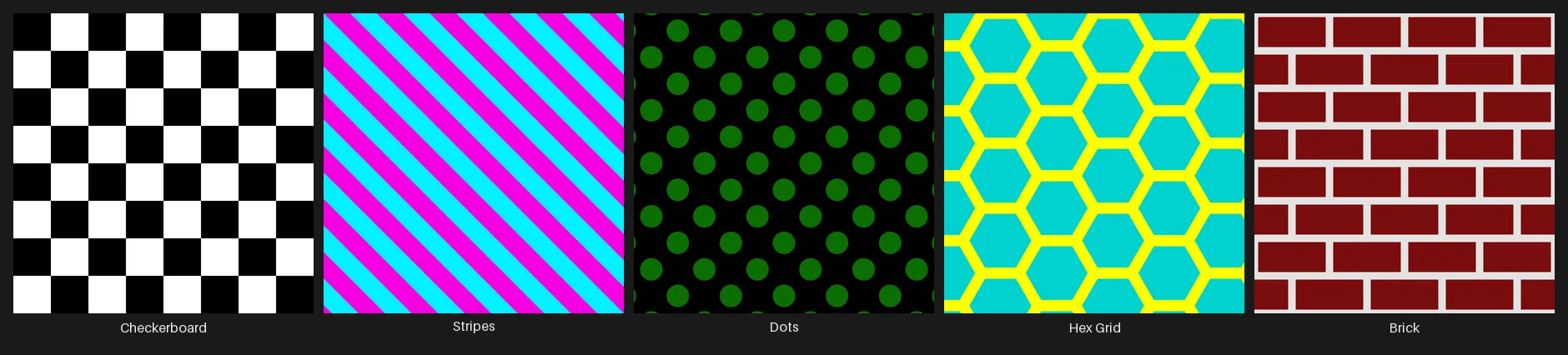 A five-panel grid showing the Pattern node's Checkerboard, Stripes, Dots, Hex Grid, and Brick modes.