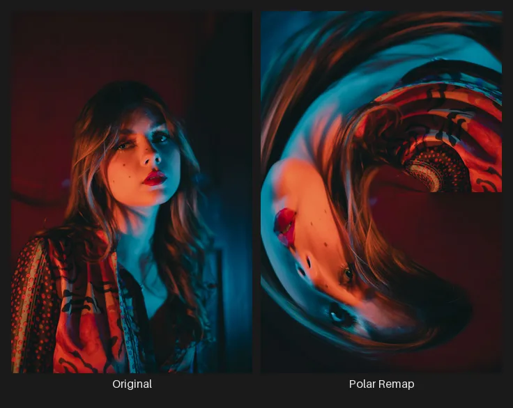 Side-by-side comparison: the original image on the left and the same image after the Polar Remap node on the right.