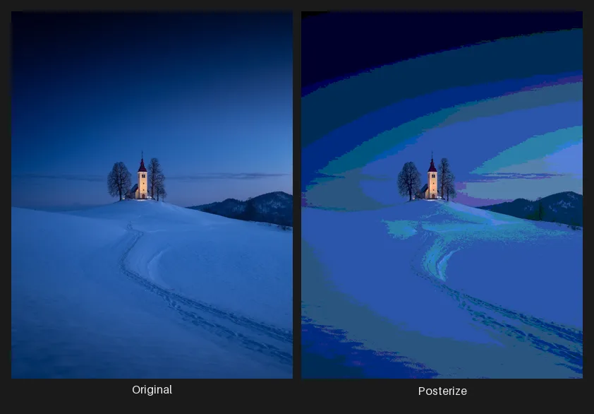 Side-by-side comparison: the original image on the left and the same image after the Posterize node on the right.