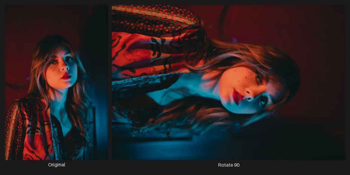 Side-by-side comparison: the original image on the left and the same image after the Rotate 90 node on the right.