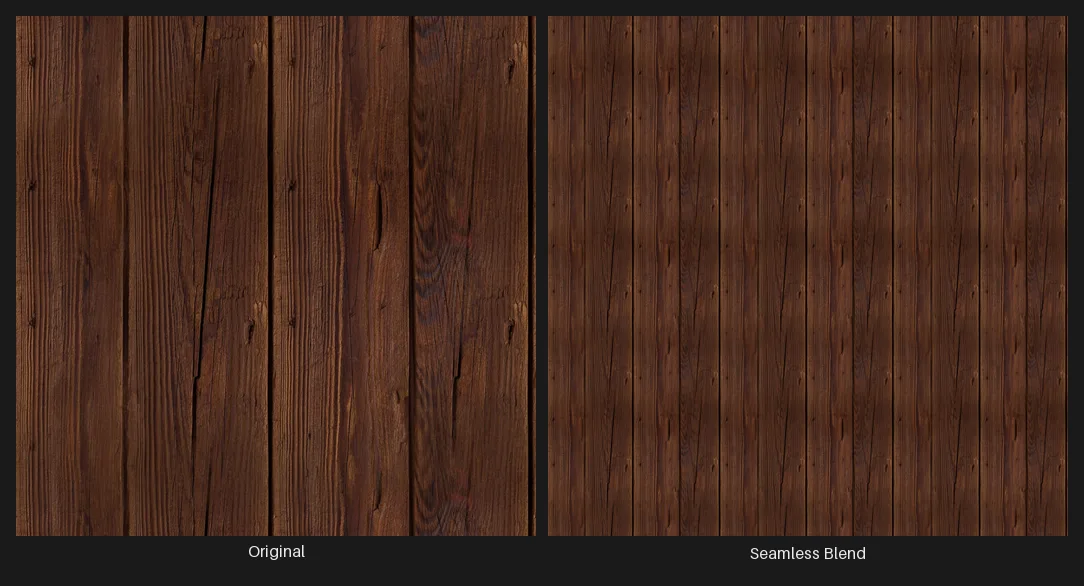 A source texture beside the seamless-blended version repeated as a tile with no visible seams.