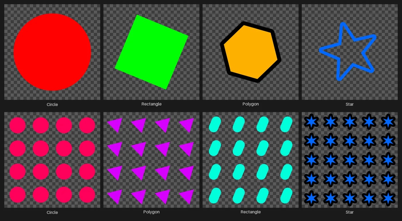 A grid of shapes rendered by the Shape node: rectangles, circles, ellipses, polygons, and stars.
