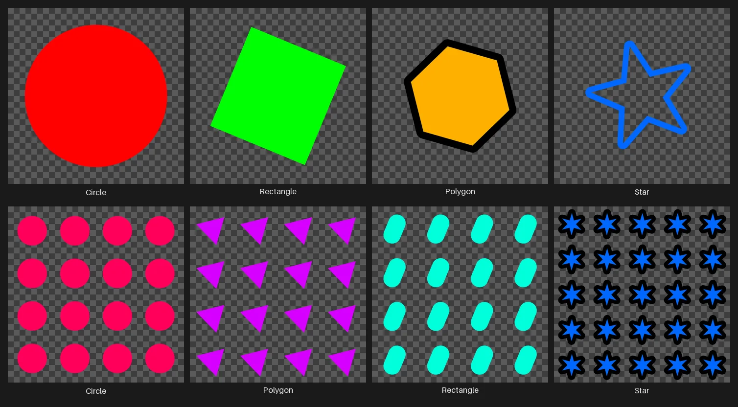 A grid of shapes rendered by the Shape node: rectangles, circles, ellipses, polygons, and stars.