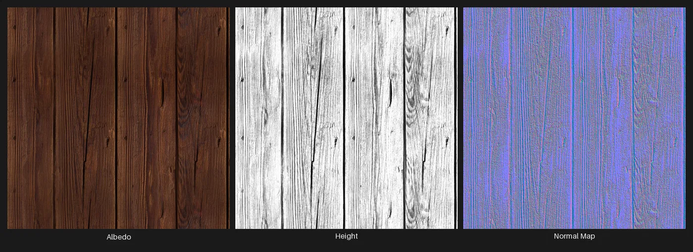 A three-panel material pipeline: the colour albedo texture, its grayscale height/displacement map, and the derived tangent-space normal map (RGB surface-direction encoding).