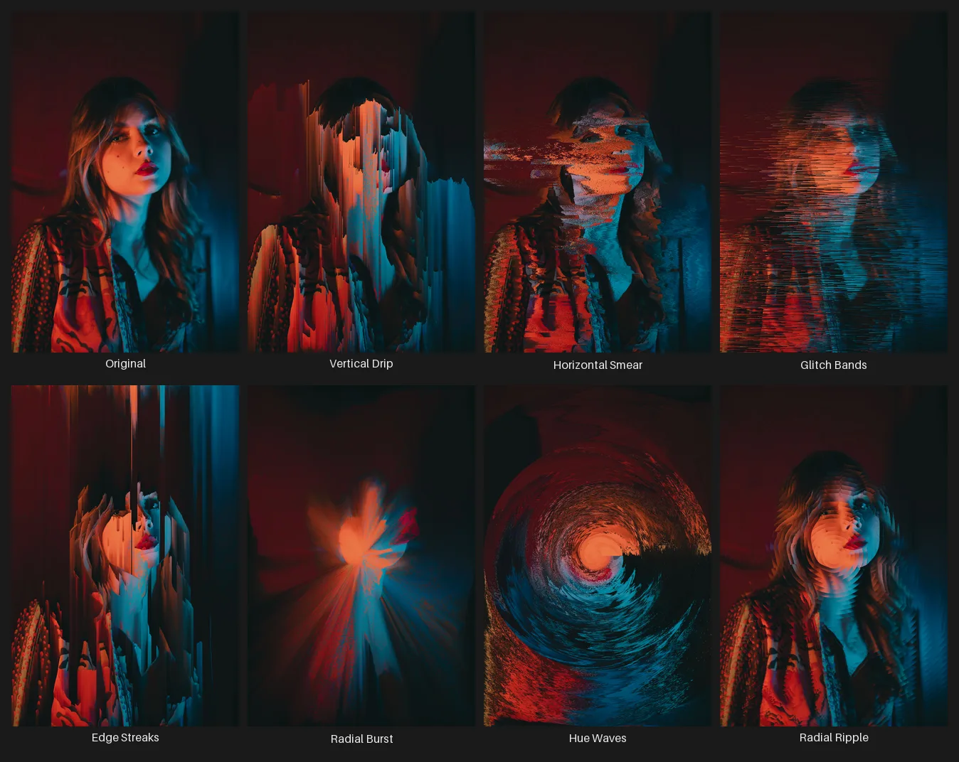 A 7-panel grid comparing the Pixel Sort node's named preset looks -- vertical drip streaks, horizontal smear, glitchy bands, edge-triggered streaks, a radial burst, hue-driven waves, and a radial ripple -- all applied to the same dual-color-gel portrait.