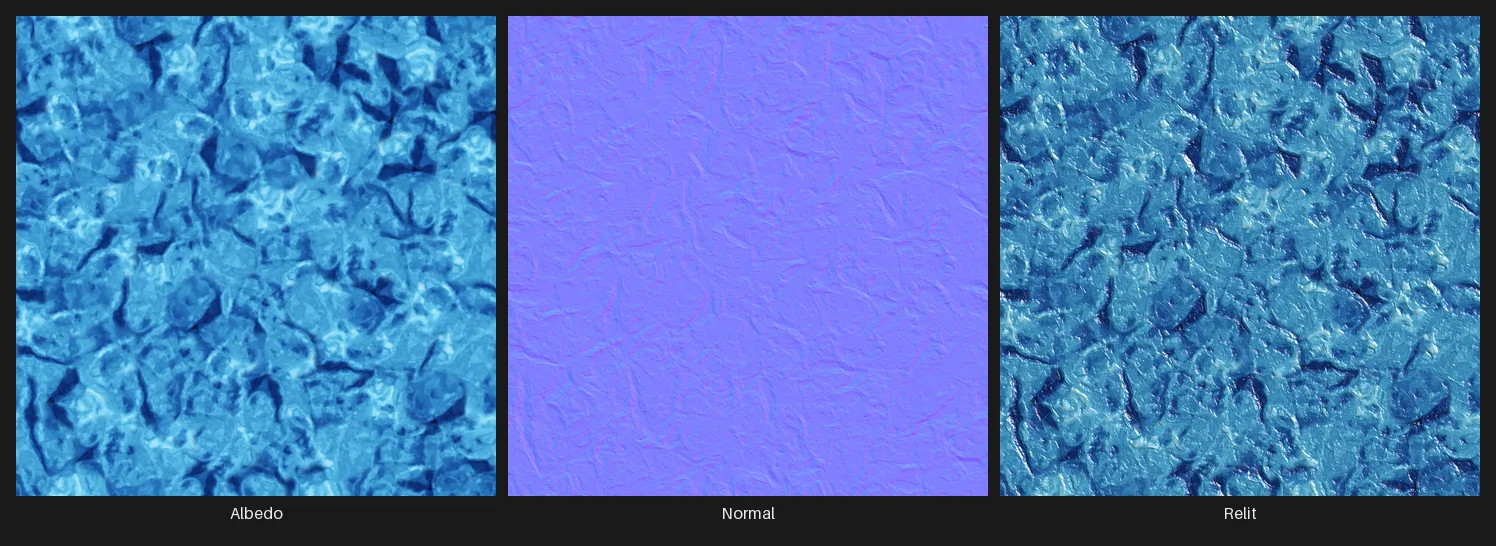 A three-panel strip: a procedurally generated hex-tiled wood albedo texture, its matching tangent-space normal map, and the Relight node's result lighting the albedo with the normal map under a directional key light.