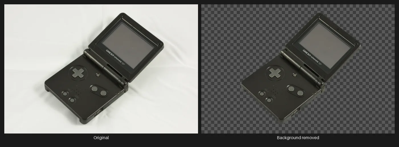 A two-panel before/after: a black Game Boy Advance SP photographed on a plain white cloth, then the same console with its background removed, sitting on a transparency checkerboard.