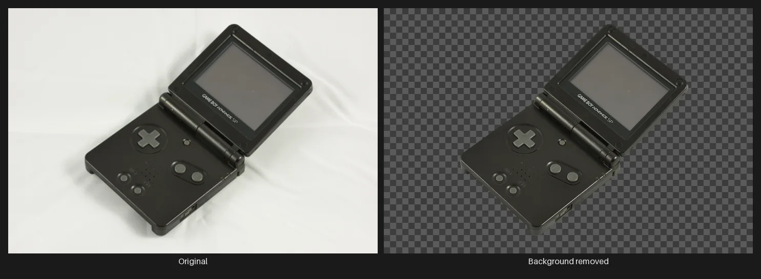 A two-panel before/after: a black Game Boy Advance SP photographed on a plain white cloth, then the same console with its background removed, sitting on a transparency checkerboard.