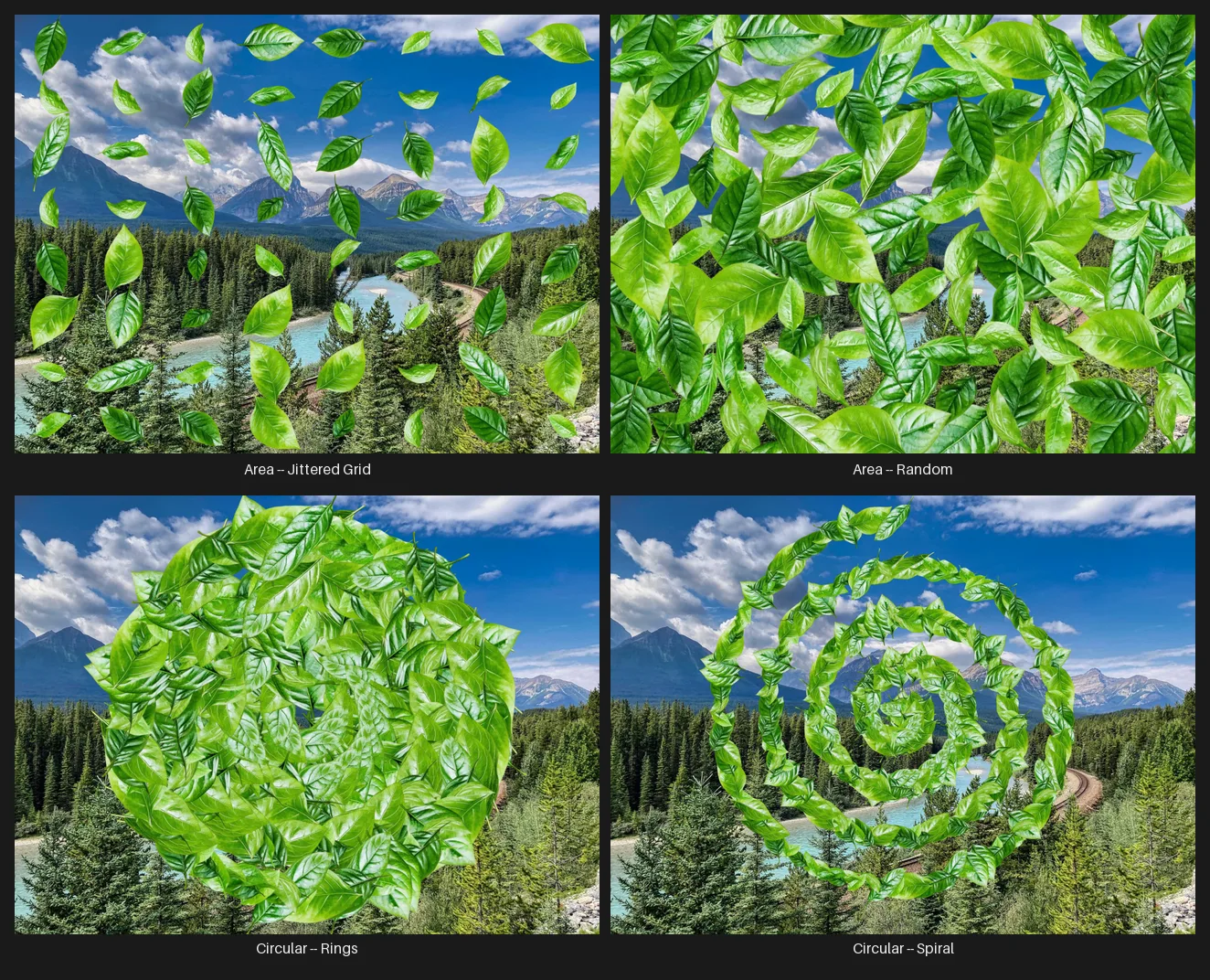 A 4-panel grid: green leaf cutouts scattered across a mountain-river landscape in a jittered grid, a random area scatter, concentric rings, and a spiral.