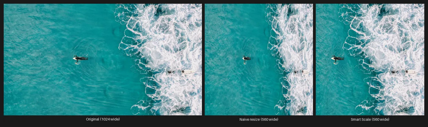 A three-panel comparison: the original wide surf photo, the same photo naively resized to 56% width (the surfer squished narrow), and Smart Scale's content-aware version at the same 56% width (the surfer keeps his proportions, the open water is narrowed instead).