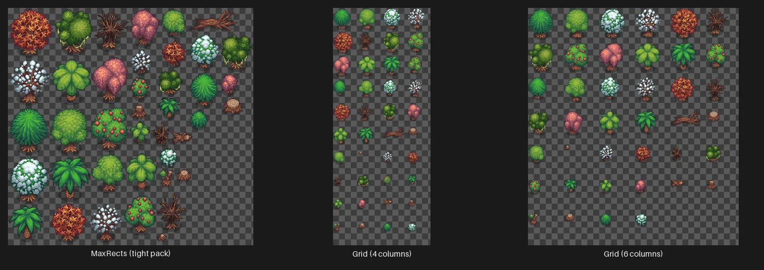 A 3-panel grid showing the same set of pixel-art sprites repacked three ways: a tight MaxRects bin-packed atlas, a uniform 4-column grid, and a uniform 2-column grid with no padding.